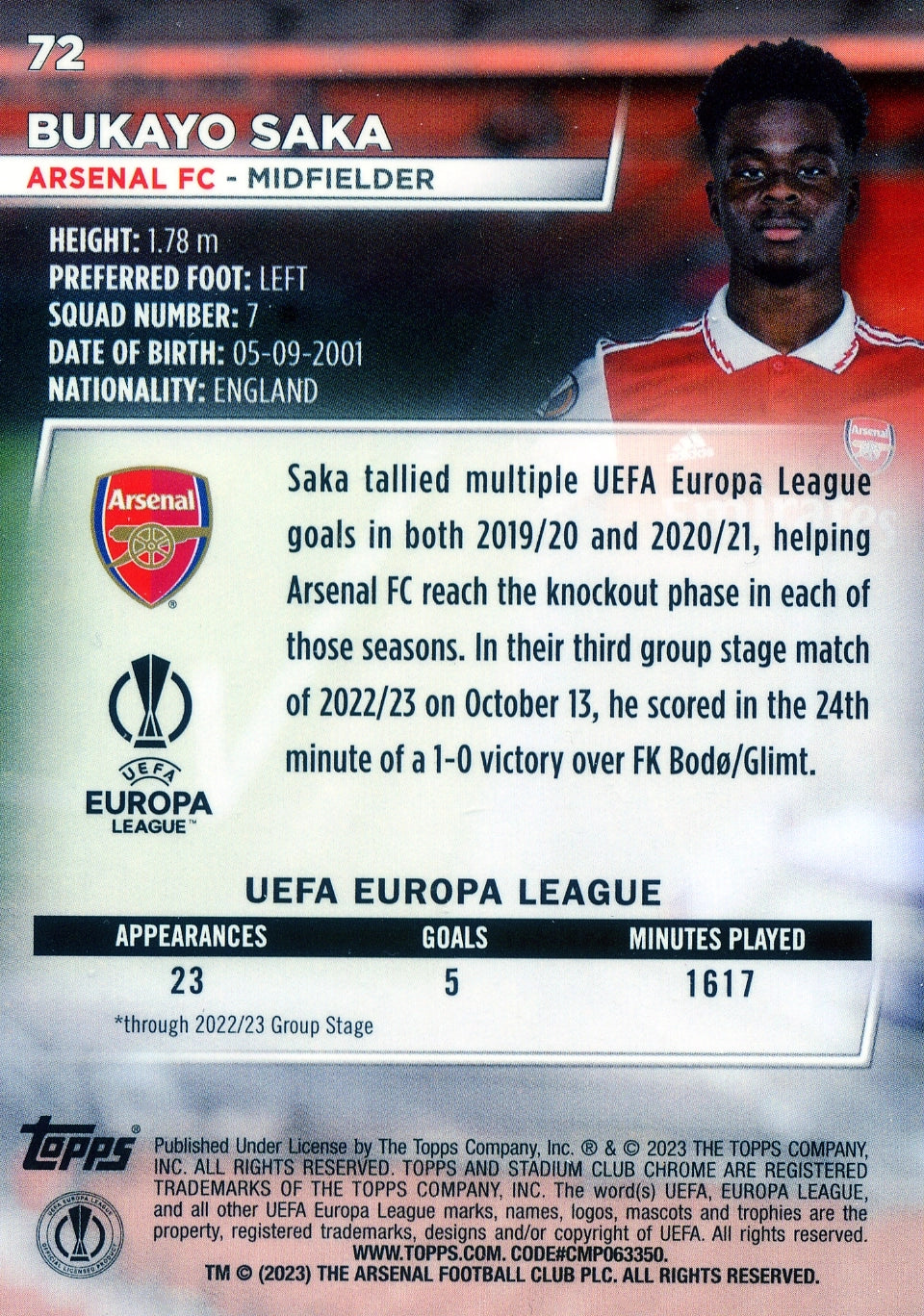 Cromo Trading Card Fútbol-Bukayo Saka-Arsenal FC-Topps Stadium Club Uefa Chrome 2022-2023-#072-Básico Parallel-1