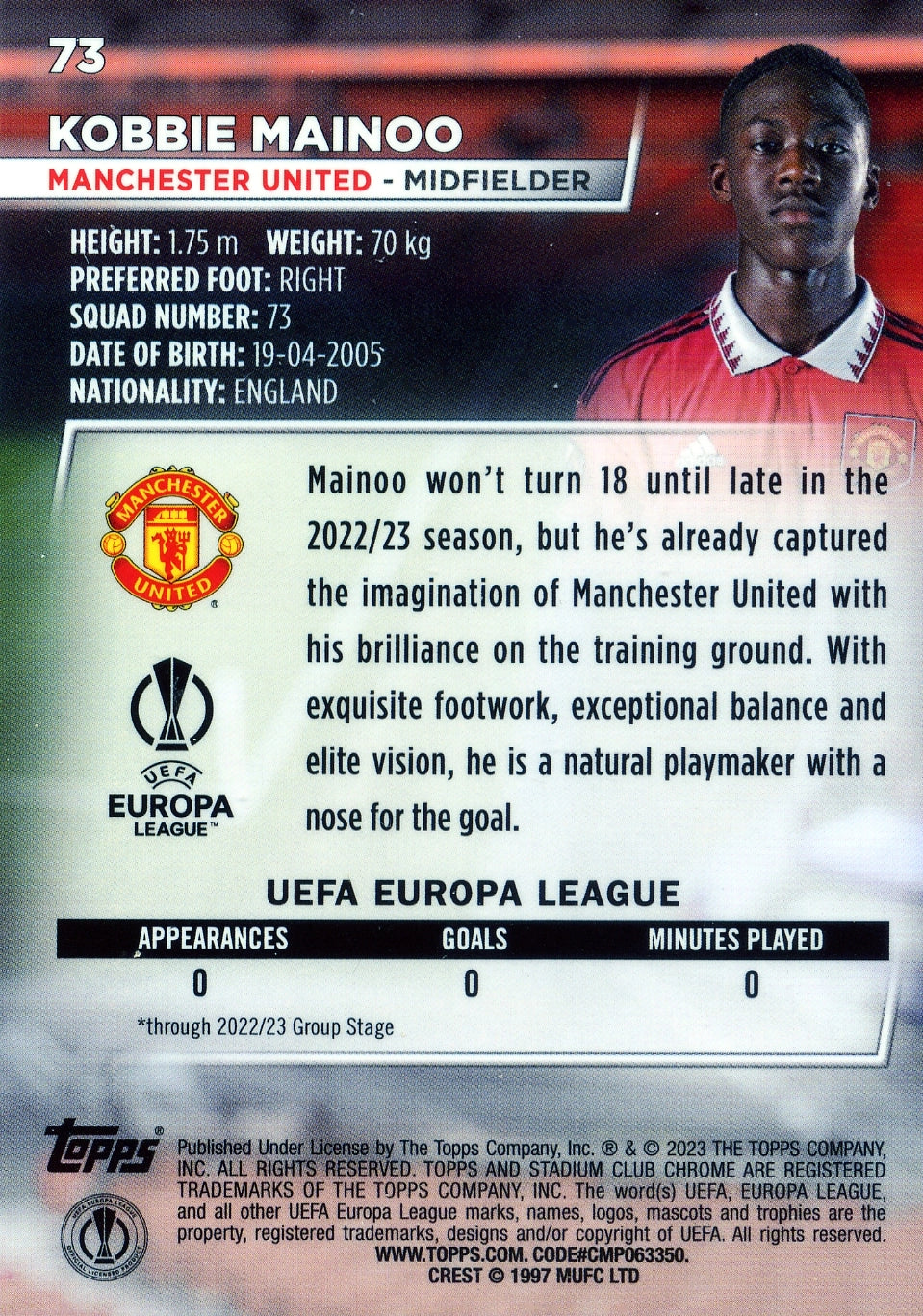 Cromo Trading Card Fútbol-Kobbie Mainoo-Manchester United-Topps Stadium Club Uefa Chrome 2022-2023-#073-Básico Parallel-1