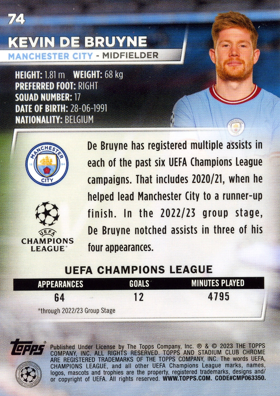 Cromo Trading Card Fútbol-Kevin De Bruyne-Manchester City-Topps Stadium Club Uefa Chrome 2022-2023-#074-Básico Parallel-1