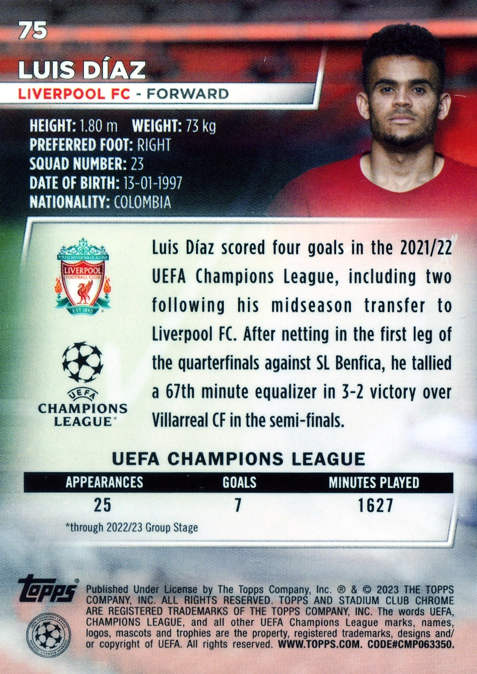 Cromo Trading Card Fútbol-Luis Díaz-Liverpool FC-Topps Stadium Club Uefa Chrome 2022-2023-#075-Básico Parallel-1