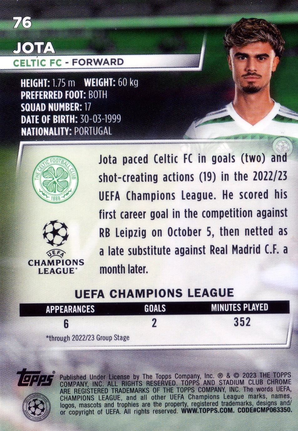 Cromo Trading Card Fútbol-Jota-Celtic FC-Topps Stadium Club Uefa Chrome 2022-2023-#076-Básico Parallel-1