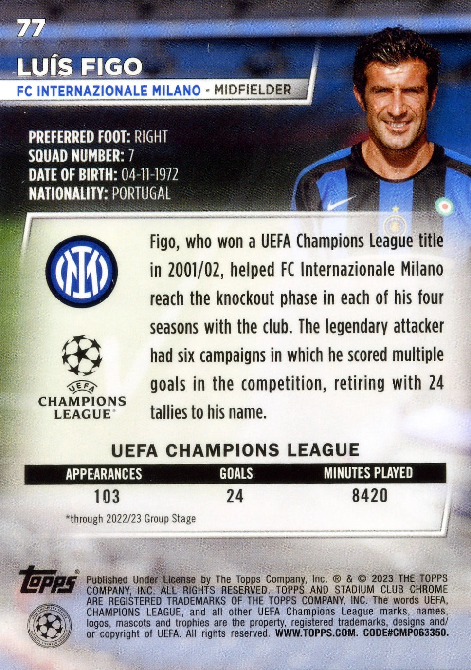 Cromo Trading Card Fútbol-Luís Figo-FC Internazionale Milano-Topps Stadium Club Uefa Chrome 2022-2023-#077-Básico Parallel-1