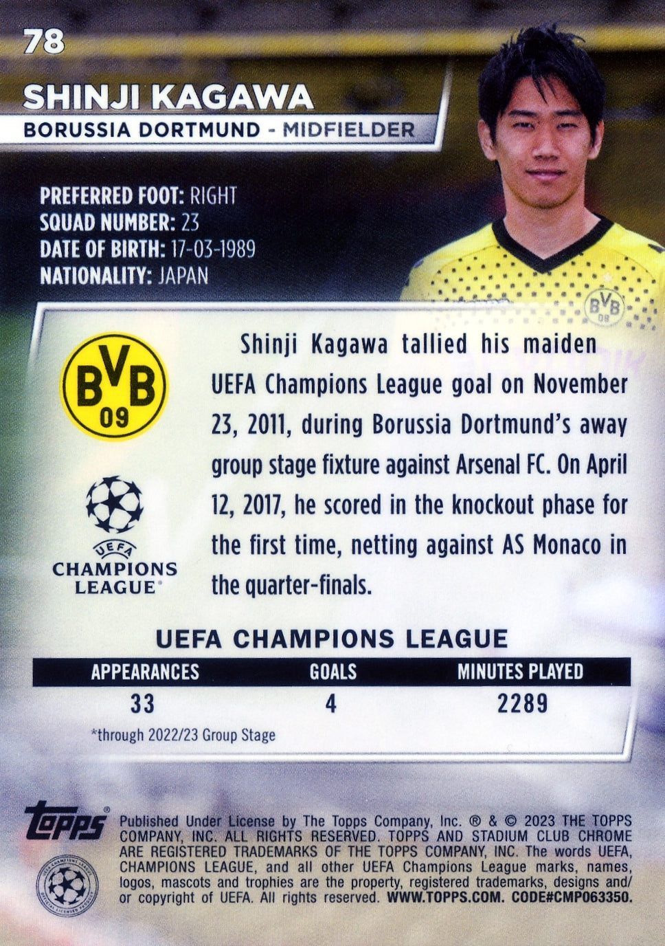 Cromo Trading Card Fútbol-Shinji Kagawa-Borussia Dortmund-Topps Stadium Club Uefa Chrome 2022-2023-#078-Básico Parallel-1