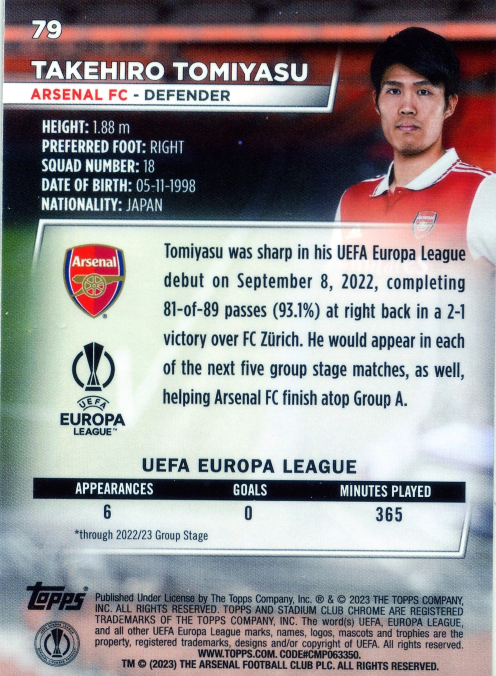 Cromo Trading Card Fútbol-Takehiro Tomiyasu-Arsenal FC-Topps Stadium Club Uefa Chrome 2022-2023-#079-Básico Parallel-1
