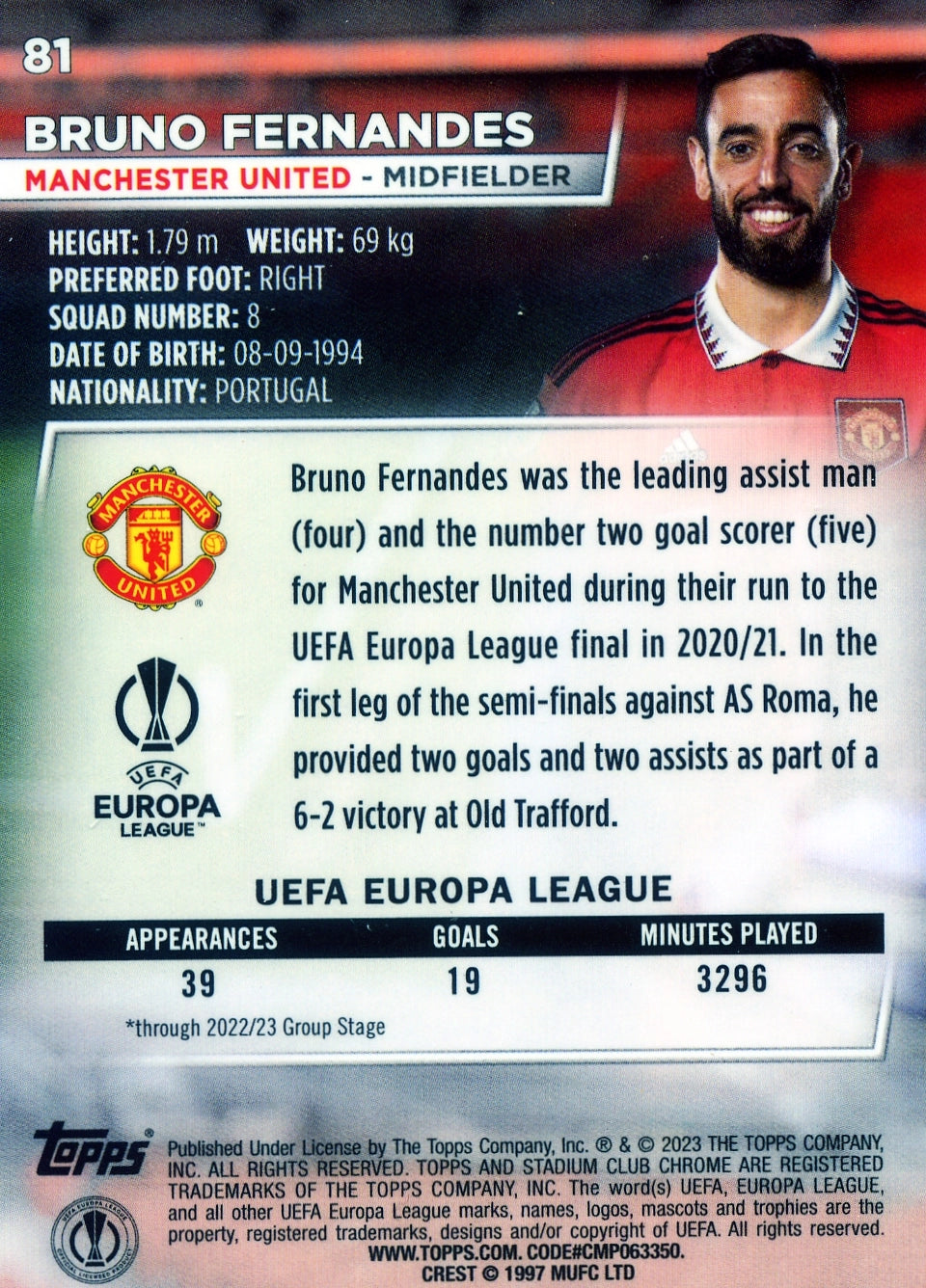 Cromo Trading Card Fútbol-Bruno Fernandes-Manchester United-Topps Stadium Club Uefa Chrome 2022-2023-#081-Básico Parallel-1
