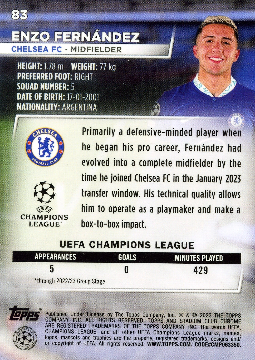 Cromo Trading Card Fútbol-Enzo Fernández-Chelsea FC-Topps Stadium Club Uefa Chrome 2022-2023-#083-Básico Parallel-1