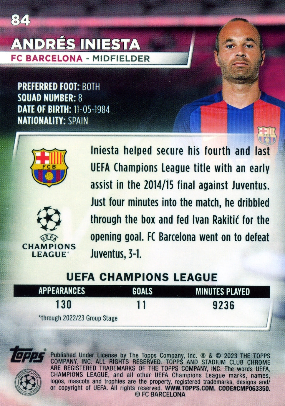 Cromo Trading Card Fútbol-Andrés Iniesta-FC Barcelona-Topps Stadium Club Uefa Chrome 2022-2023-#084-Básico Parallel-1