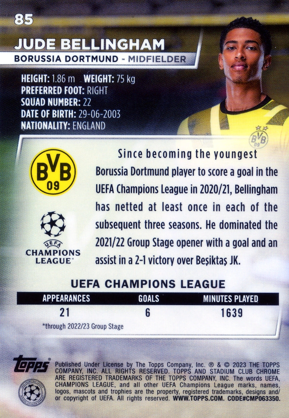 Cromo Trading Card Fútbol-Jude Bellingham-Borussia Dortmund-Topps Stadium Club Uefa Chrome 2022-2023-#085-Básico Parallel-1