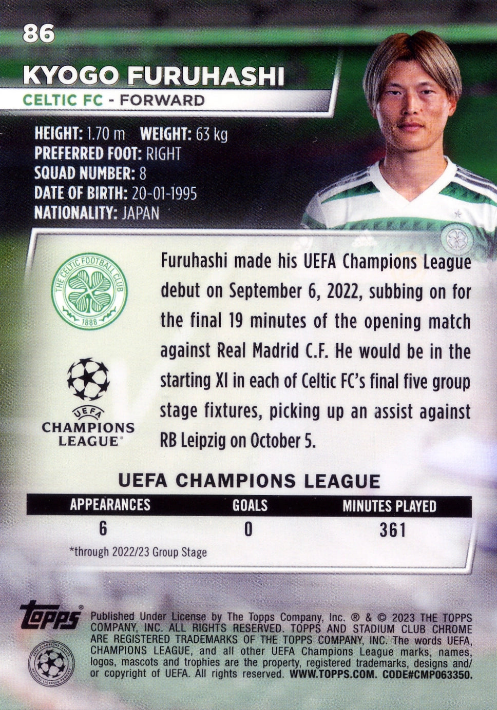 Cromo Trading Card Fútbol-Kyogo Furuhashi-Celtic FC-Topps Stadium Club Uefa Chrome 2022-2023-#086-Básico Parallel-1