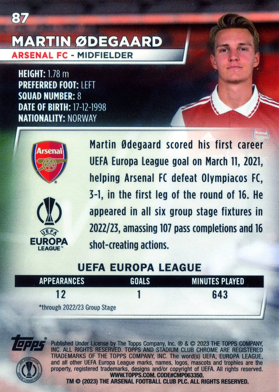 Cromo Trading Card Fútbol-Martin Ødegaard-Arsenal FC-Topps Stadium Club Uefa Chrome 2022-2023-#087-Básico Parallel-1