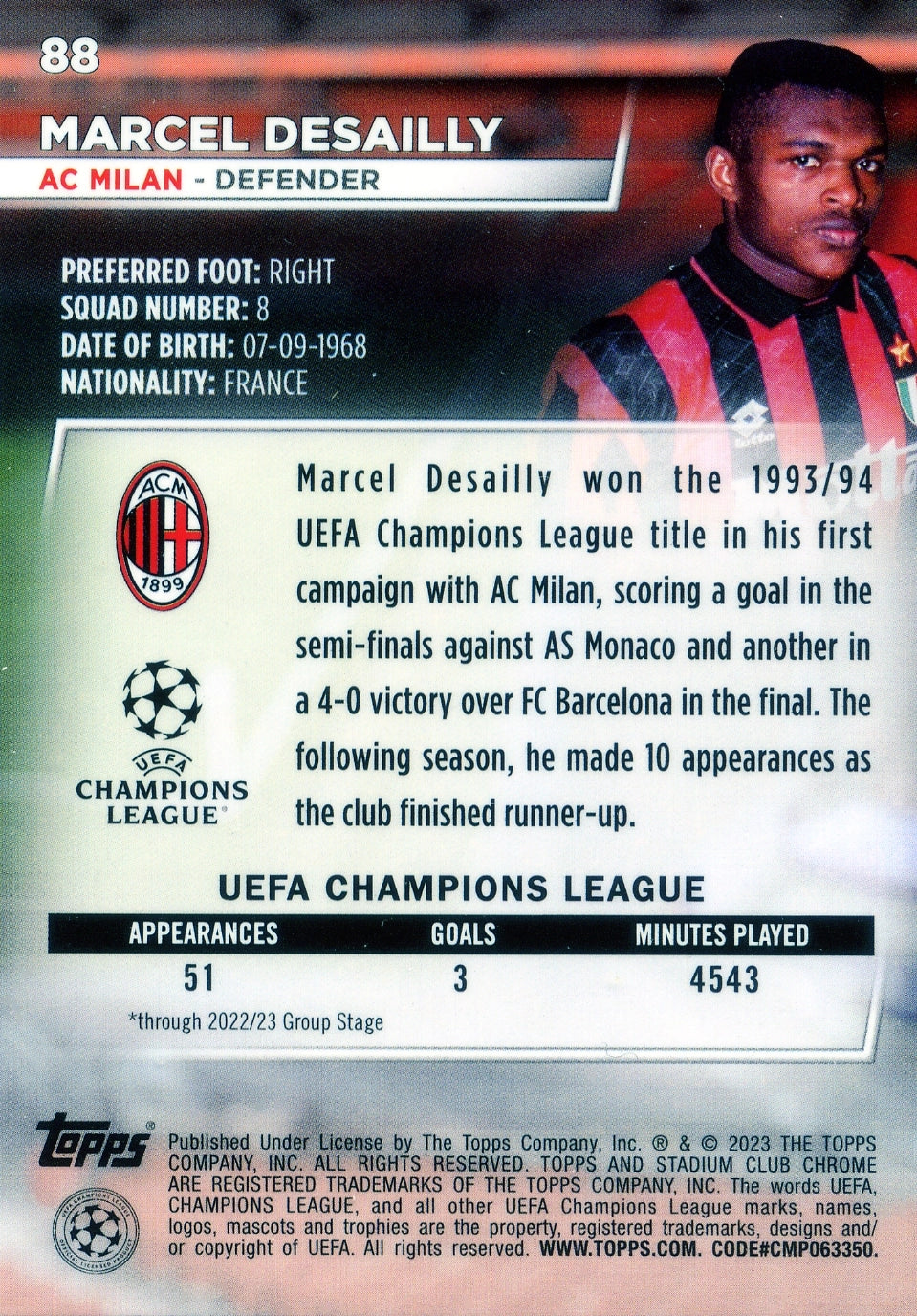 Cromo Trading Card Fútbol-Marcel Desailly-AC Milan-Topps Stadium Club Uefa Chrome 2022-2023-#088-Básico Parallel-1
