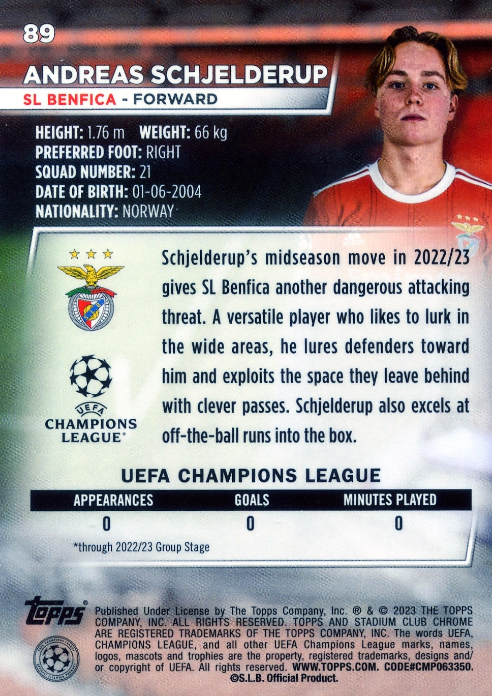 Cromo Trading Card Fútbol-Andreas Schjelderup-SL Benfica-Topps Stadium Club Uefa Chrome 2022-2023-#089-Básico Parallel-1