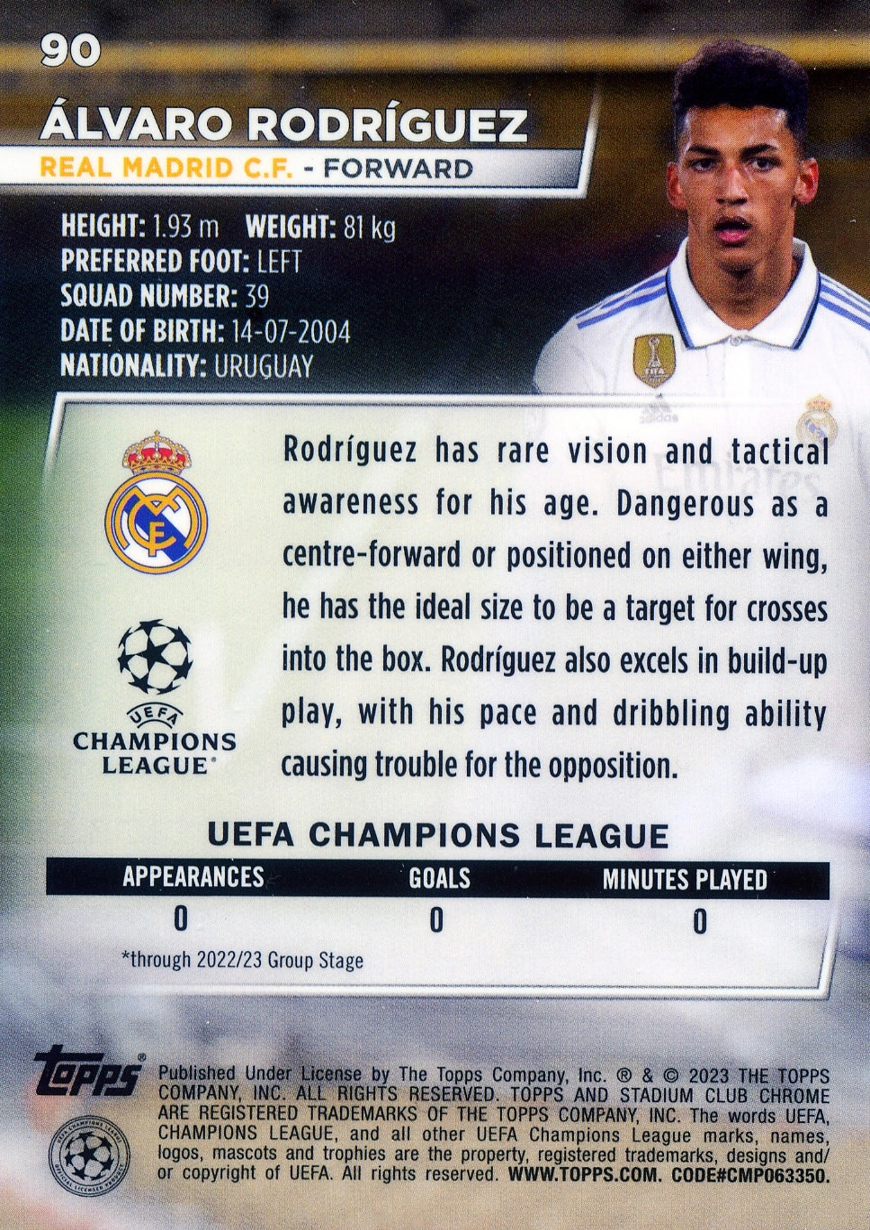 Cromo Trading Card Fútbol-Álvaro Rodríguez-Real Madrid CF-Topps Stadium Club Uefa Chrome 2022-2023-#090-Básico Parallel-1