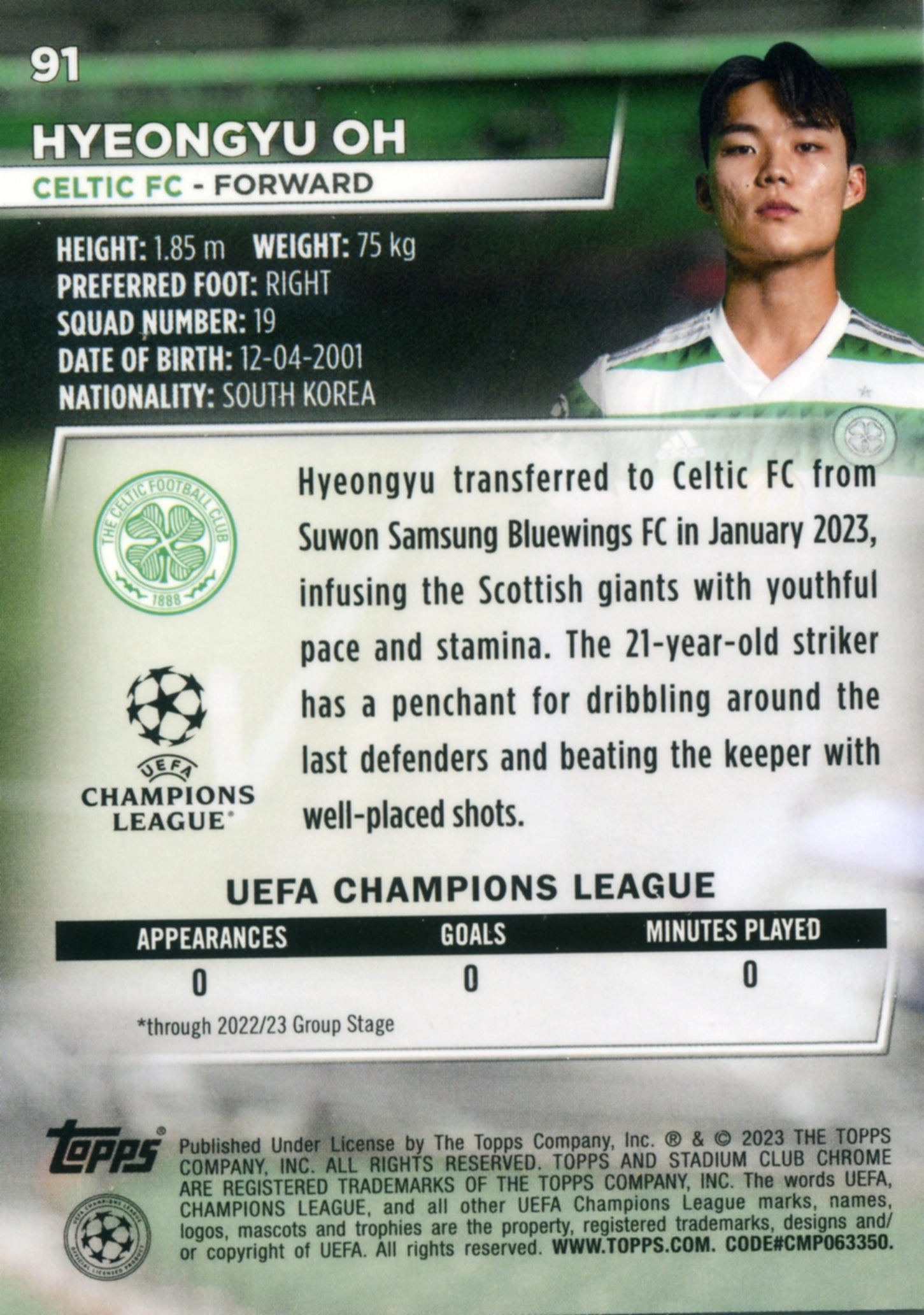 Cromo Trading Card Fútbol-Hyeongyu Oh-Celtic FC-Topps Stadium Club Uefa Chrome 2022-2023-#091-Básico Parallel-1