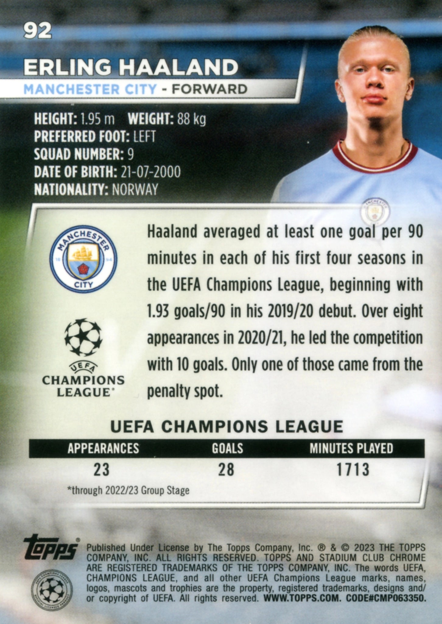 Cromo Trading Card Fútbol-Erling Haaland-Manchester City-Topps Stadium Club Uefa Chrome 2022-2023-#092-Básico Parallel-1