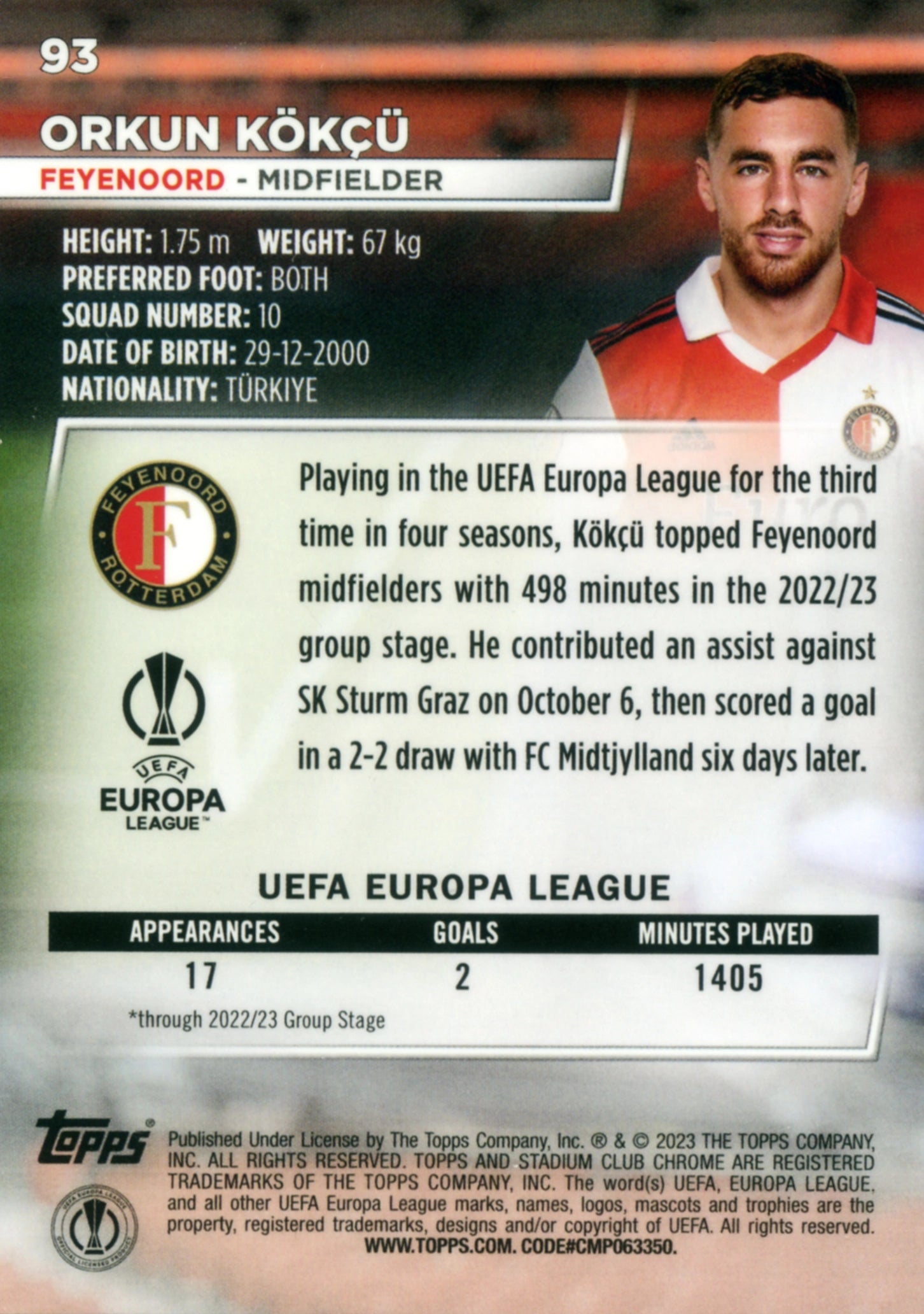Cromo Trading Card Fútbol-Orkun Kökçü-Feyenoord-Topps Stadium Club Uefa Chrome 2022-2023-#093-Básico Parallel-1
