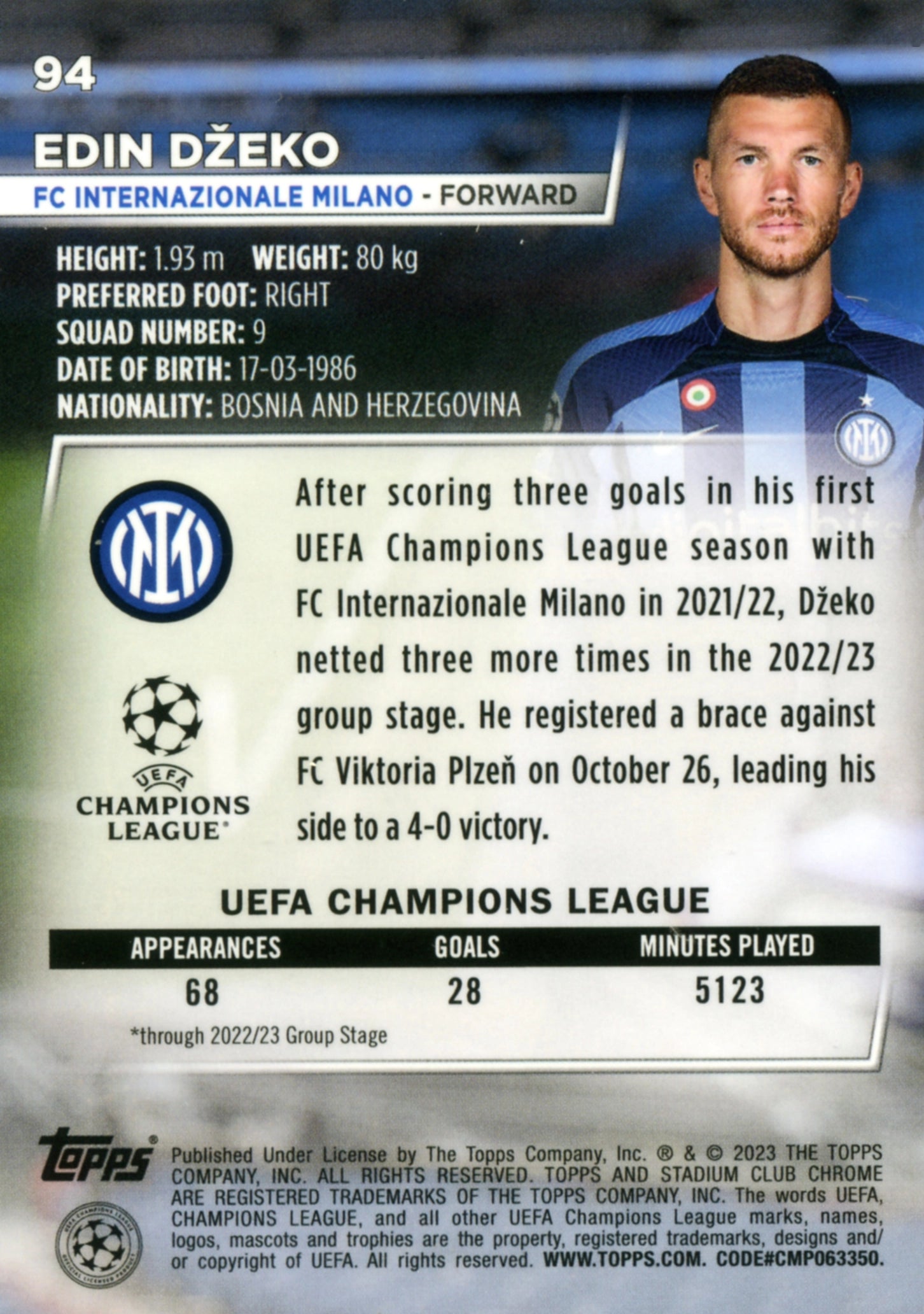 Cromo Trading Card Fútbol-Edin Džeko-FC Internazionale Milano-Topps Stadium Club Uefa Chrome 2022-2023-#094-Básico Parallel-1
