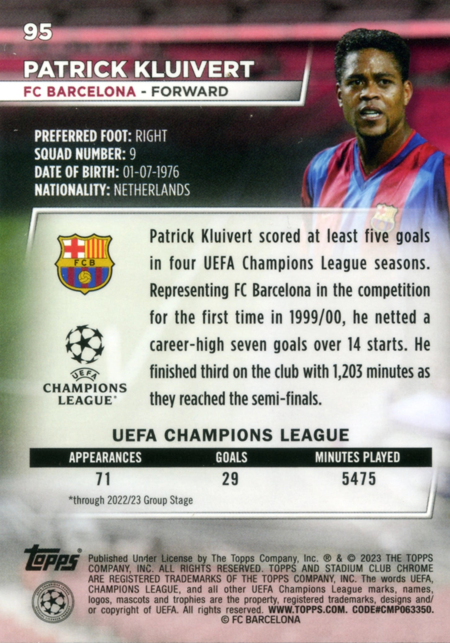 Cromo Trading Card Fútbol-Patrick Kluivert-FC Barcelona-Topps Stadium Club Uefa Chrome 2022-2023-#095-Básico Parallel-1