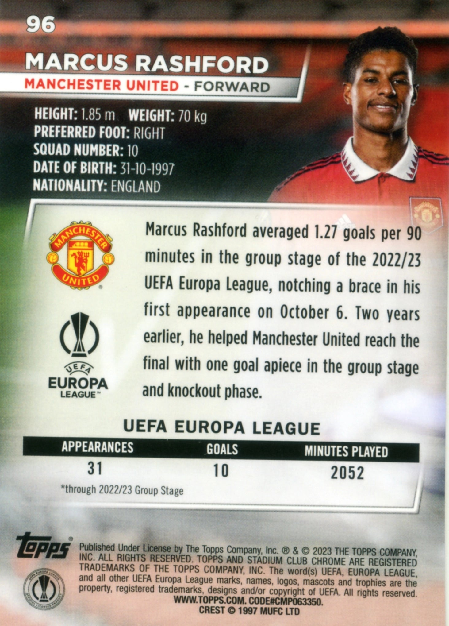 Cromo Trading Card Fútbol-Marcus Rashford-Manchester United-Topps Stadium Club Uefa Chrome 2022-2023-#096-Básico Parallel-1