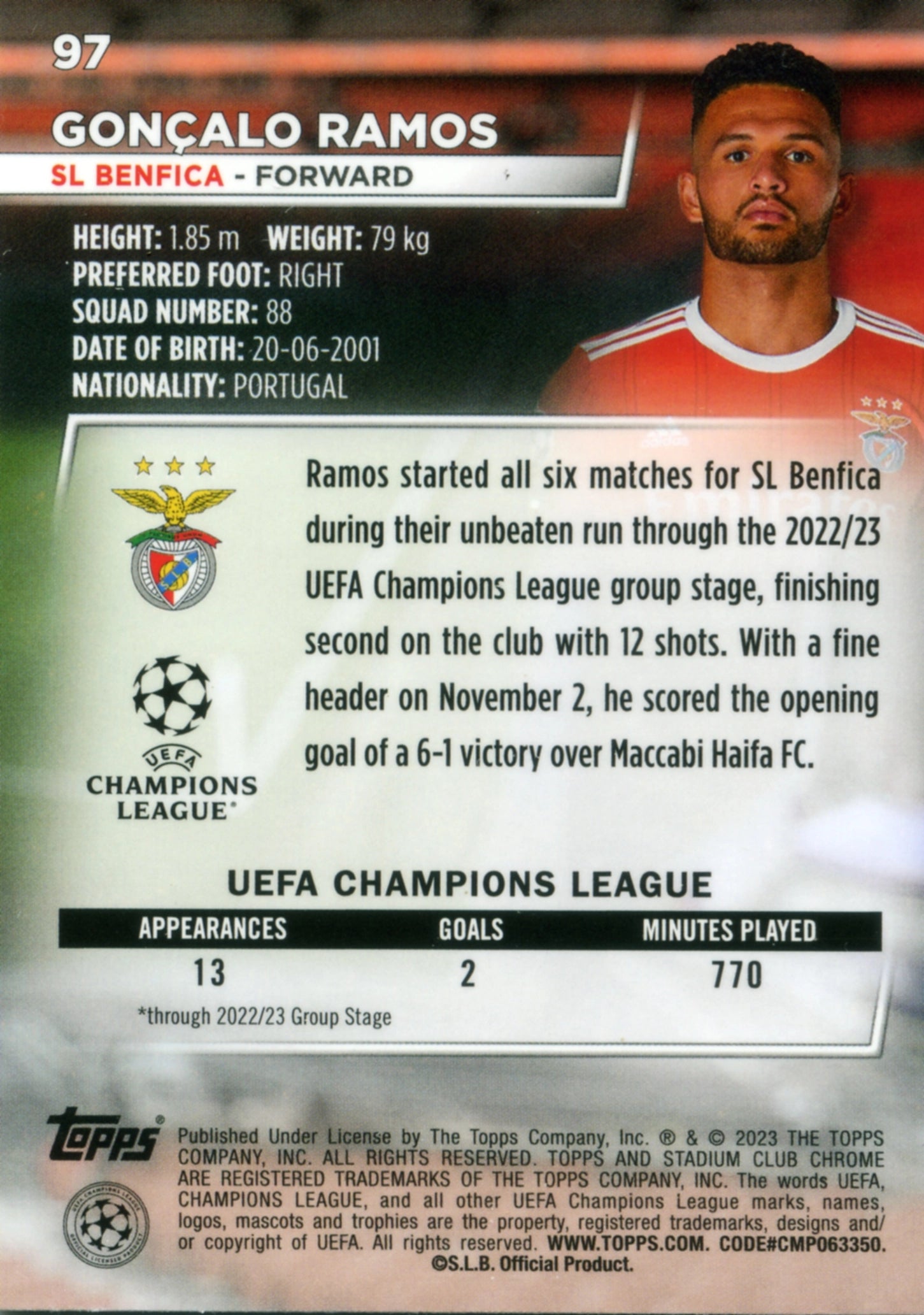 Cromo Trading Card Fútbol-Gonçalo Ramos-SL Benfica-Topps Stadium Club Uefa Chrome 2022-2023-#097-Básico Parallel-1