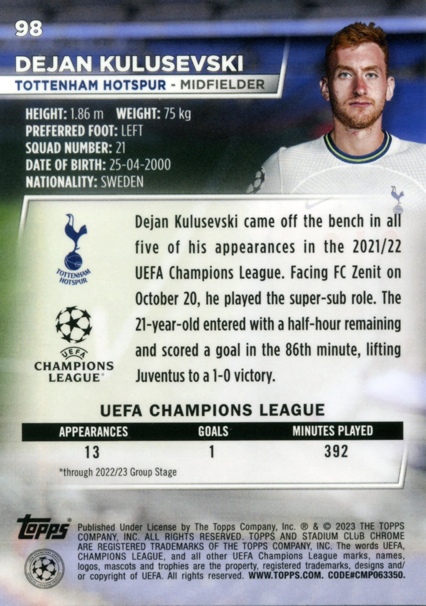 Cromo Trading Card Fútbol-Dejan Kulusevski-Tottenham Hotspur-Topps Stadium Club Uefa Chrome 2022-2023-#098-Básico Parallel-1