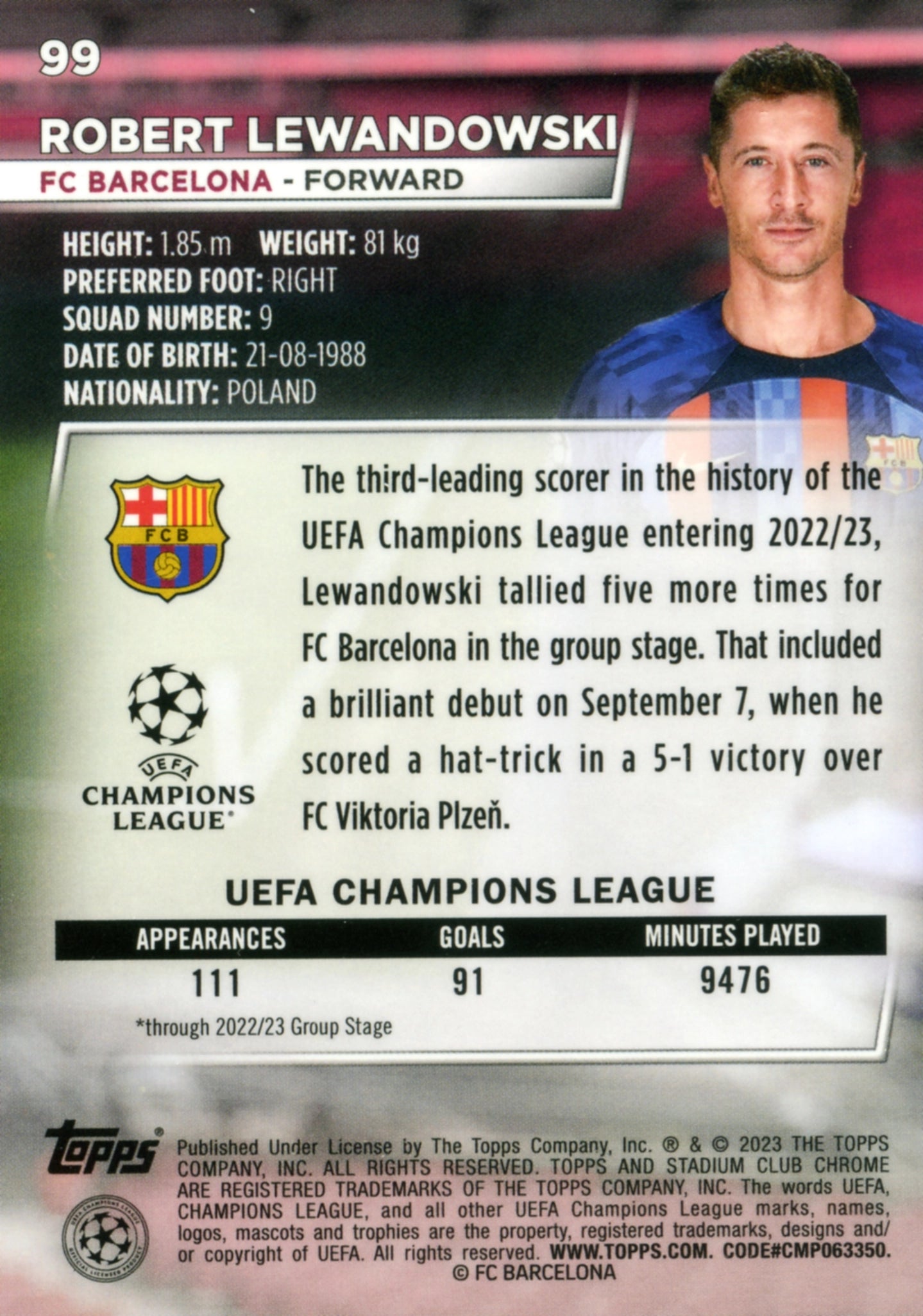 Cromo Trading Card Fútbol-Robert Lewandowski-FC Barcelona-Topps Stadium Club Uefa Chrome 2022-2023-#099-Básico Parallel-1