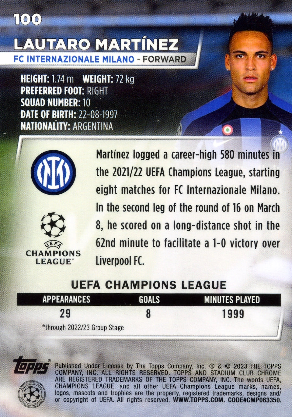 Cromo Trading Card Fútbol-Lautaro Martínez-FC Internazionale Milano-Topps Stadium Club Uefa Chrome 2022-2024-#100-Básico Parallel-1