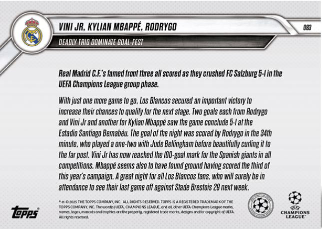 Vinicius / Kylian Mbappe / Rodrygo - 2025 - Topps Now UCL - UCL - Real Madrid - #083 - World Trading Cards