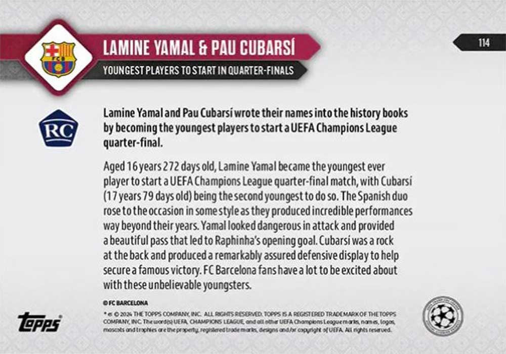 Lamine Yamal / Pau Cubarsí - 2024 - Topps Now UCL - Barcelona - #114 - Rookie - World Trading Cards