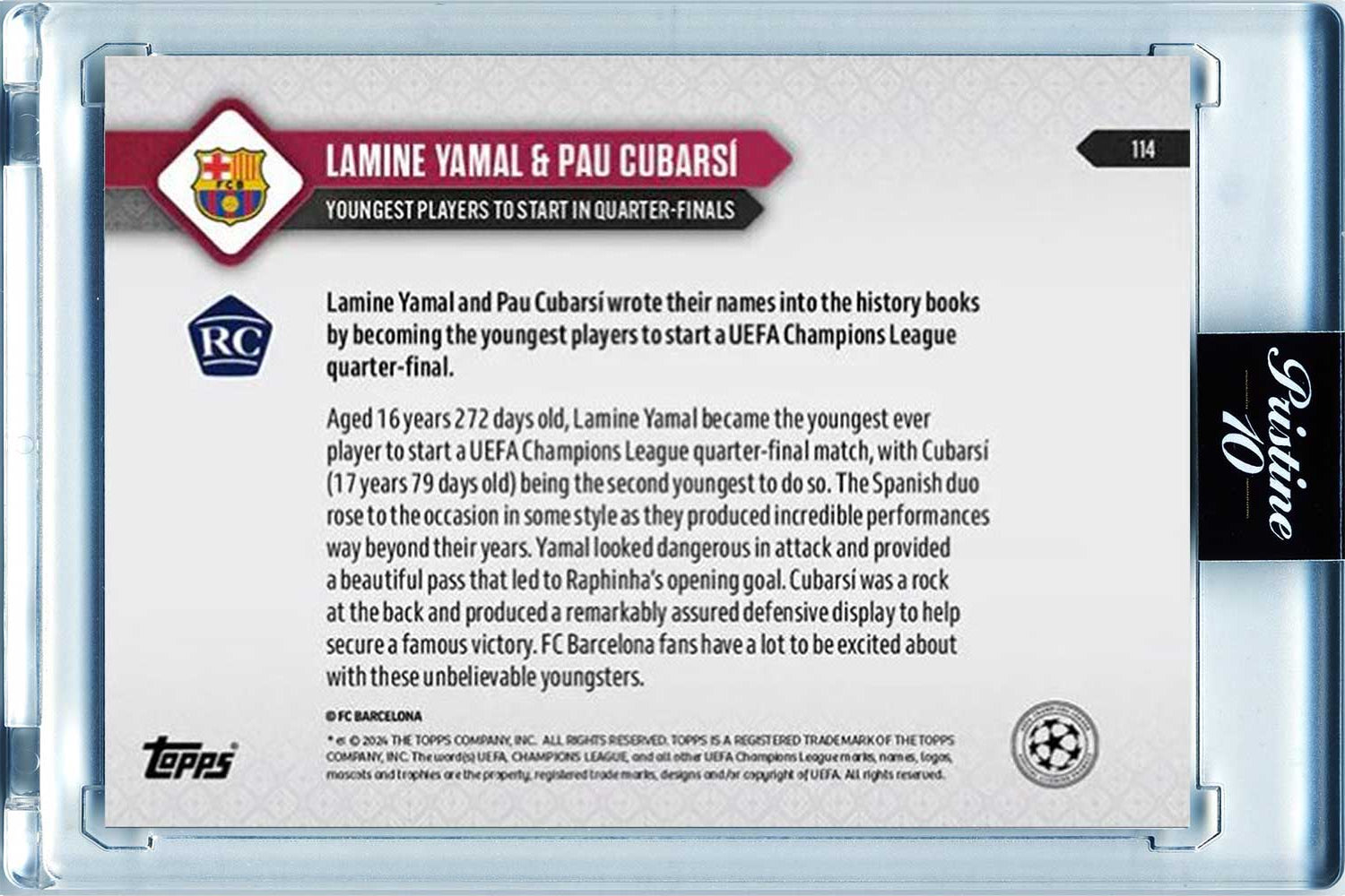 Topps Now | 2024 | UCL | #114 | Lamine Yamal / Pau Cubarsi | Rookie | Barcelona | Carta Suelta Faltante en Soporte Magnético | Pristine 10 | World Trading Cards