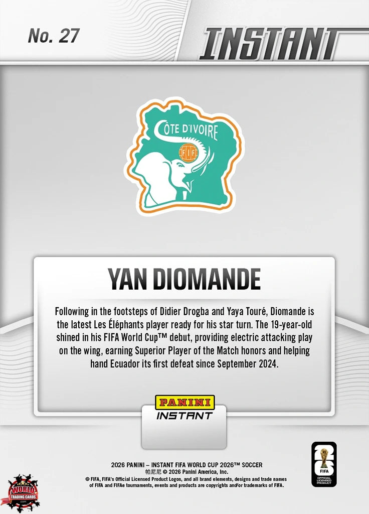 PIWC027 | Panini | FIFA World Cup | 2026 | PANINI INSTANT | Yan Diomande | Base | RC | Exclusive USA | Limited Editions | PREORDEN