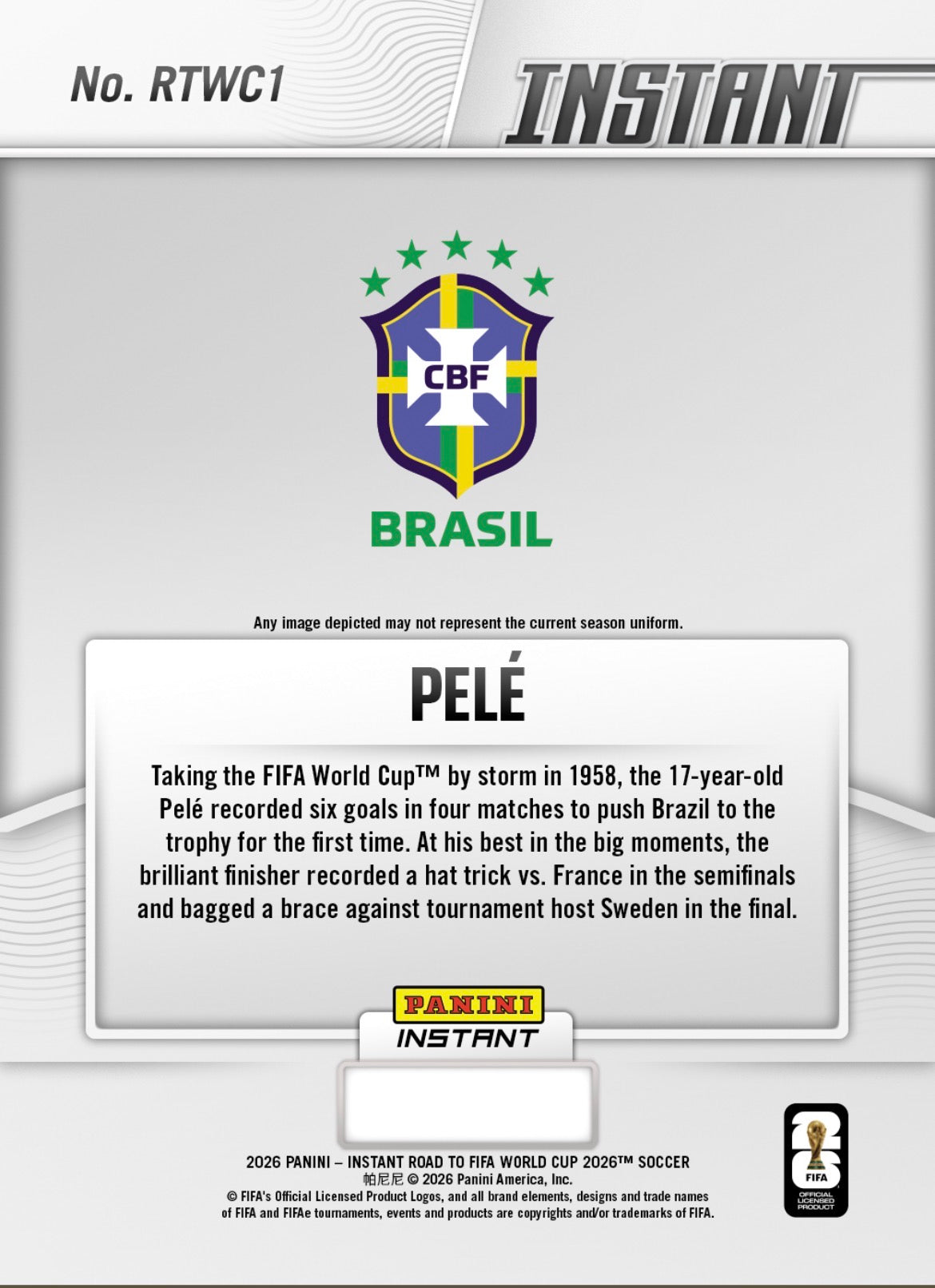 RTWC001 | Panini | Road to FIFA World Cup | 2026 | PANINI INSTANT | Pele | Base | Exclusive USA | Limited Editions | PREORDEN