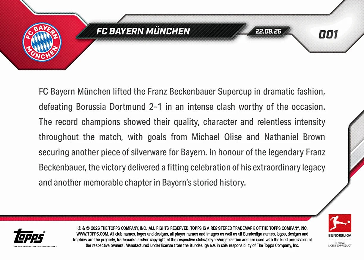 2026-27 | Topps | Now | Bundesliga | #001 | FC Bayern München | Base | PREORDEN | ENVÍO 30 días aproximadamente desde la fecha de compra.