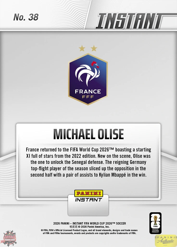 PIWC038 | Panini | FIFA World Cup | 2026 | PANINI INSTANT | Michael Olise | Base | Exclusive USA | Limited Editions | PREORDEN | ENVÍO 40 días aproximadamente desde la fecha de compra.