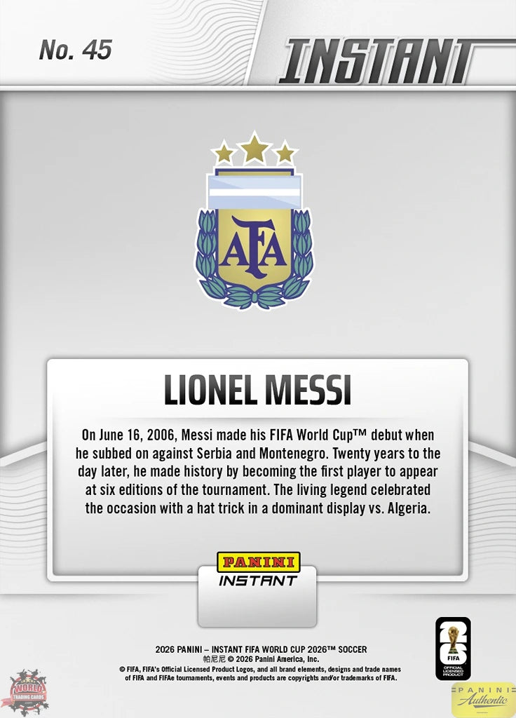 PIWC045 | Panini | FIFA World Cup | 2026 | PANINI INSTANT | Lionel Messi | Base | Exclusive USA | Limited Editions | PREORDEN | ENVÍO 40 días aproximadamente desde la fecha de compra.