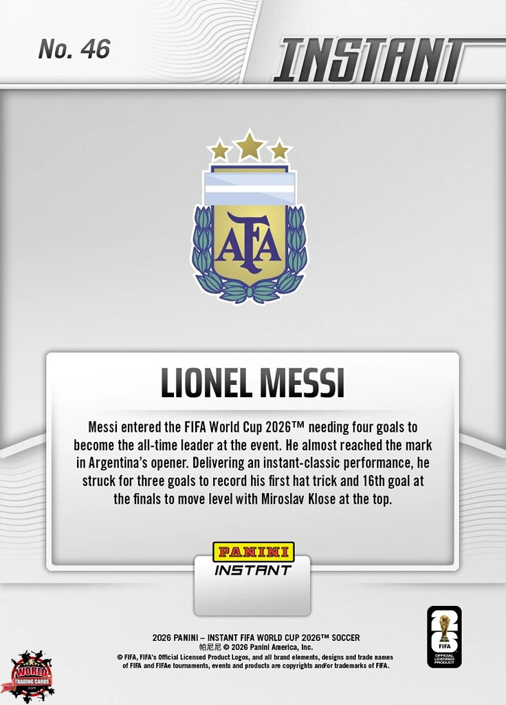 PIWC046 | Panini | FIFA World Cup | 2026 | PANINI INSTANT | Lionel Messi | Base | Exclusive USA | Limited Editions | PREORDEN | ENVÍO 40 días aproximadamente desde la fecha de compra.
