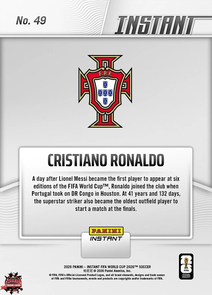 PIWC049 | Panini | FIFA World Cup | 2026 | PANINI INSTANT | Cristiano Ronaldo | Base | Exclusive USA | Limited Editions | PREORDEN | ENVÍO 40 días aproximadamente desde la fecha de compra.