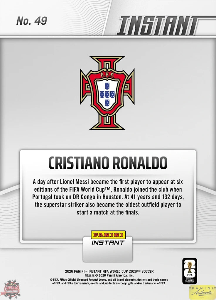 PIWC049 | Panini | FIFA World Cup | 2026 | PANINI INSTANT | Cristiano Ronaldo | Base | Exclusive USA | Limited Editions | PREORDEN | ENVÍO 40 días aproximadamente desde la fecha de compra.