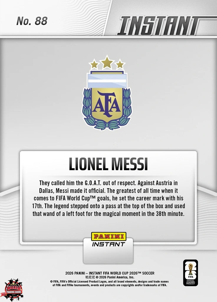 PIWC088 | Panini | FIFA World Cup | 2026 | PANINI INSTANT | Lionel Messi | Base | Exclusive USA | Limited Editions | PREORDEN | ENVÍO 40 días aproximadamente desde la fecha de compra.