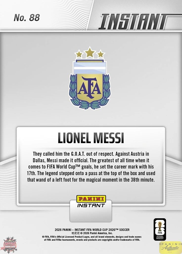 PIWC088 | Panini | FIFA World Cup | 2026 | PANINI INSTANT | Lionel Messi | Base | Exclusive USA | Limited Editions | PREORDEN | ENVÍO 40 días aproximadamente desde la fecha de compra.