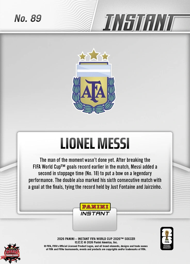 PIWC089 | Panini | FIFA World Cup | 2026 | PANINI INSTANT | Lionel Messi | Base | Exclusive USA | Limited Editions | PREORDEN | ENVÍO 40 días aproximadamente desde la fecha de compra.