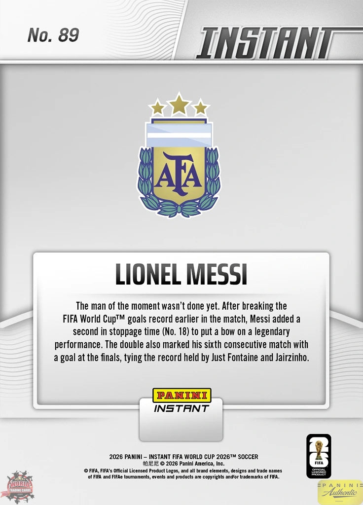 PIWC089 | Panini | FIFA World Cup | 2026 | PANINI INSTANT | Lionel Messi | Base | Exclusive USA | Limited Editions | PREORDEN | ENVÍO 40 días aproximadamente desde la fecha de compra.
