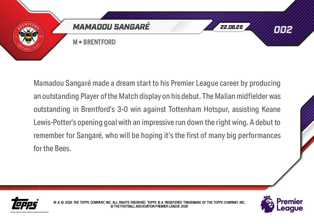 2026-27 | Topps | Now | Premier League | Mamadou Sangaré | Base | #002 | BAJO PEDIDO | ENVÍO 30 días aproximadamente desde la fecha de compra.