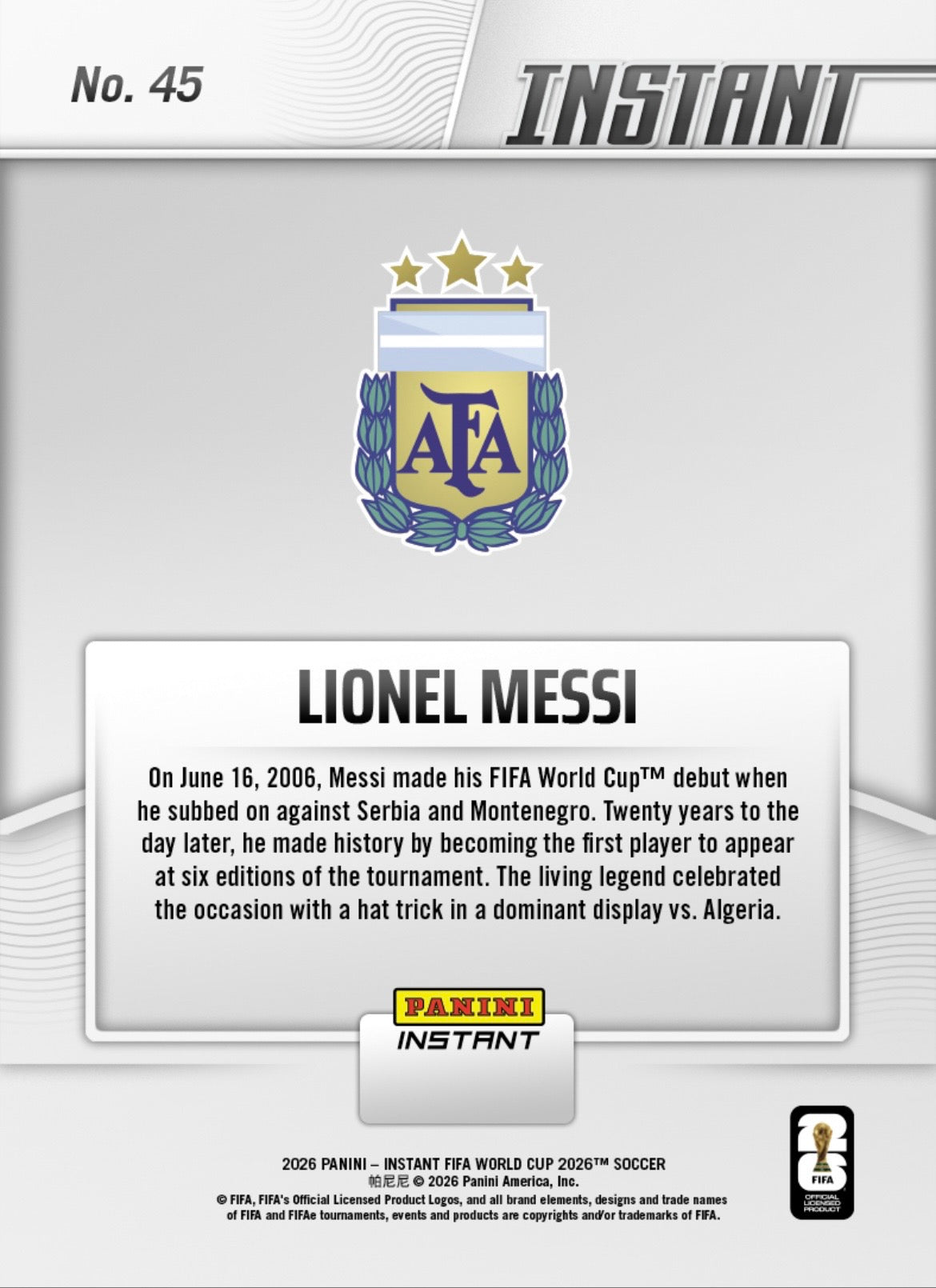 PIWC045 | Panini | FIFA World Cup | 2026 | PANINI INSTANT | Lionel Messi | Base | Exclusive USA | Limited Editions | PREORDEN | ENVÍO 40 días aproximadamente desde la fecha de compra.