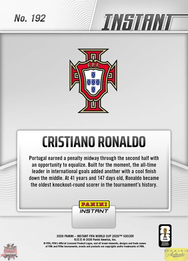 PIWC192 | Panini | FIFA World Cup | 2026 | PANINI INSTANT | Cristiano Ronaldo | Base | Exclusive USA | Limited Editions | PREORDEN | ENVÍO 40 días aproximadamente desde la fecha de compra.