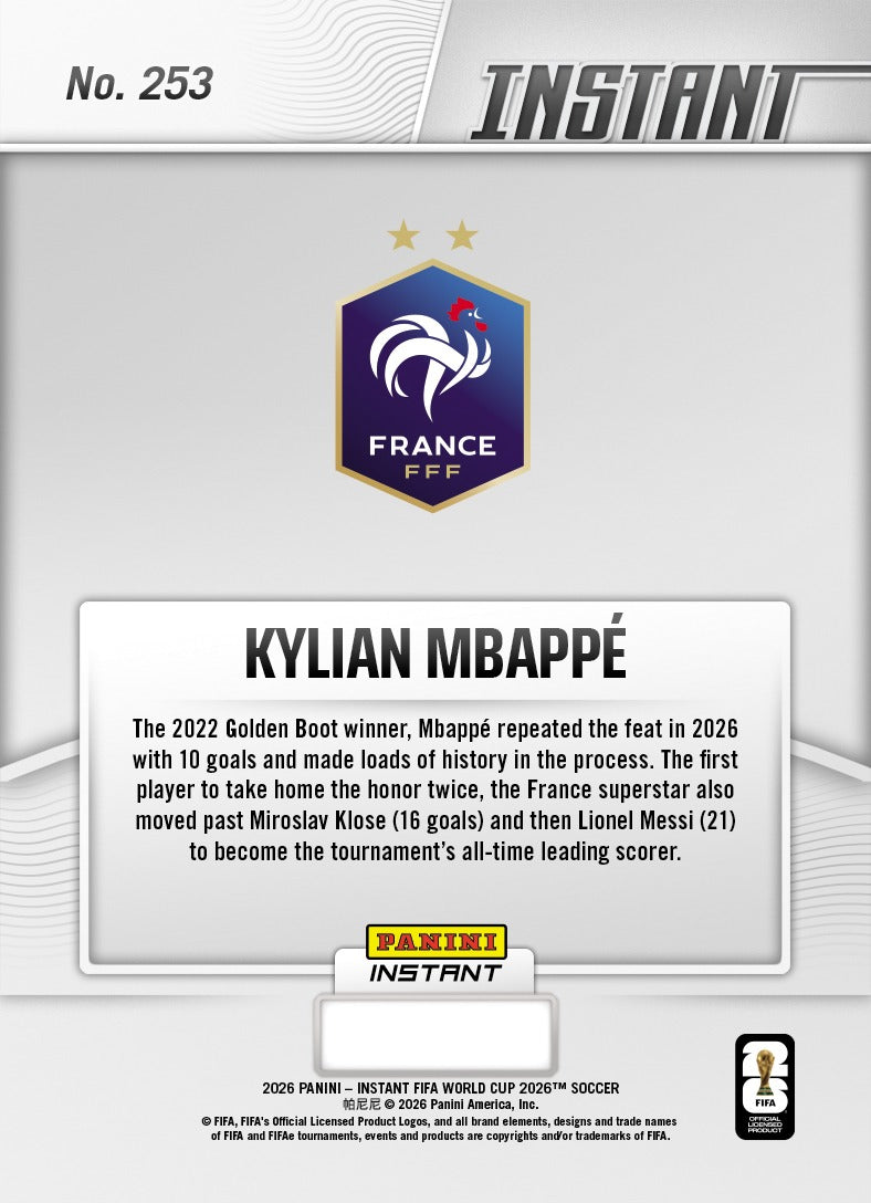 PIWC253 | Panini | FIFA World Cup | 2026 | PANINI INSTANT | Kylian Mbappe | Base | Exclusive USA | Limited Editions | PREORDEN | ENVÍO 40 días aproximadamente desde la fecha de compra.