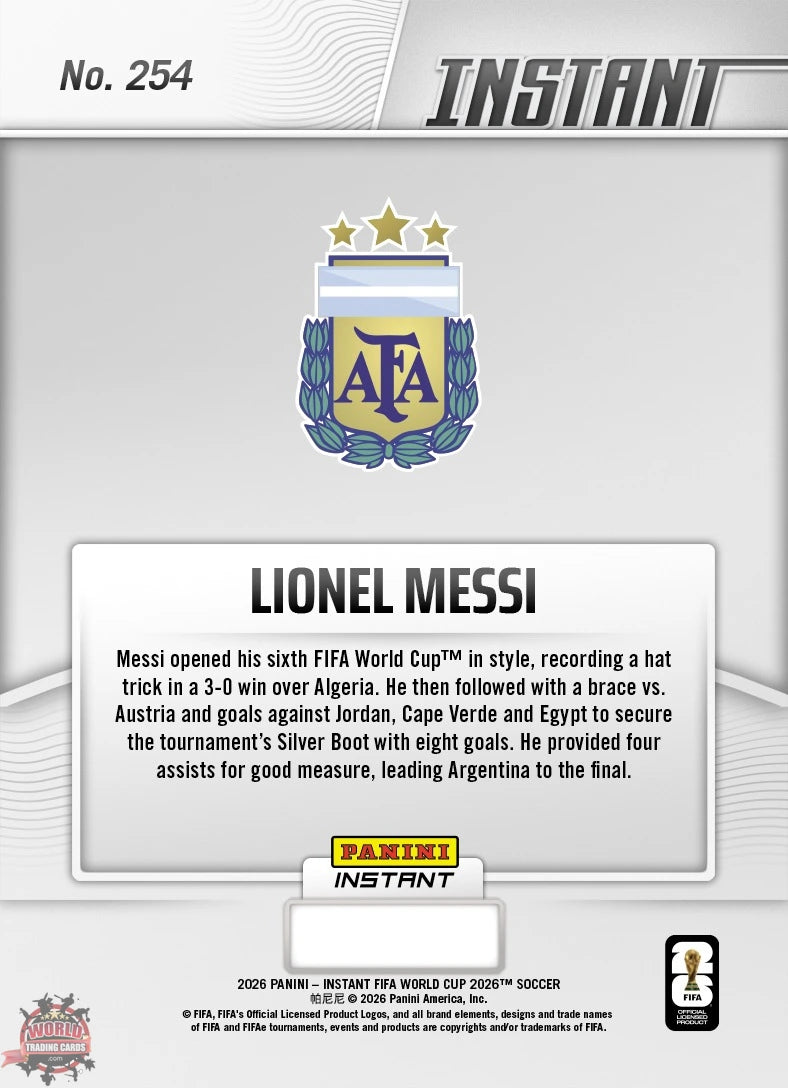 PIWC254 | Panini | FIFA World Cup | 2026 | PANINI INSTANT | Lionel Messi | Base | Exclusive USA | Limited Editions | PREORDEN | ENVÍO 40 días aproximadamente desde la fecha de compra.