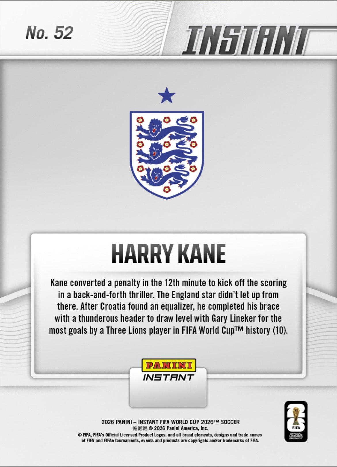 PIWC052 | Panini | FIFA World Cup | 2026 | PANINI INSTANT | Harry Kane | Base | Exclusive USA | Limited Editions | PREORDEN | ENVÍO 40 días aproximadamente desde la fecha de compra.
