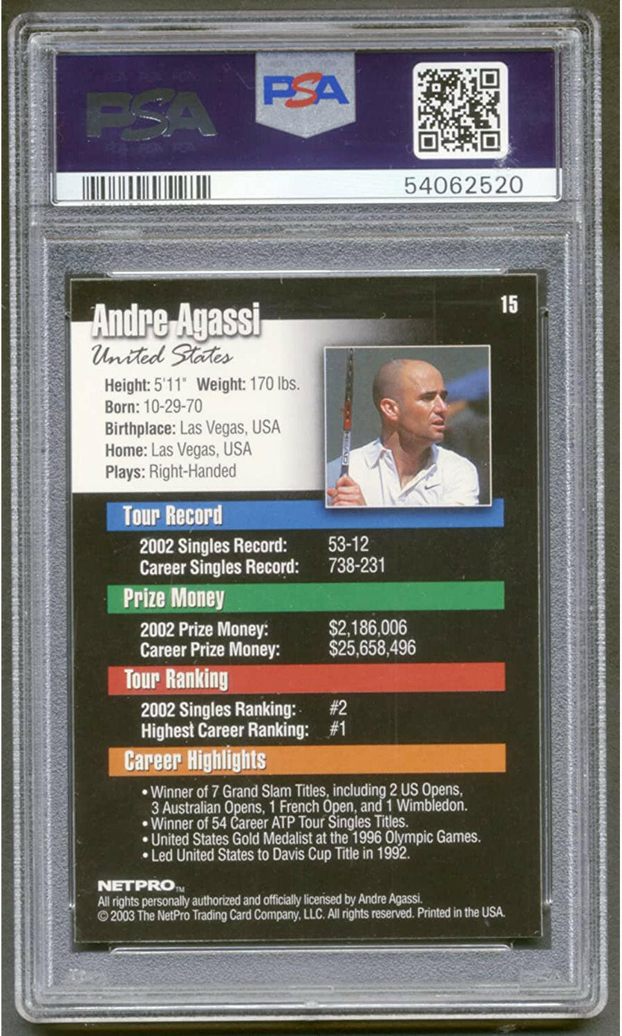 Andre Agassi - 2003 - Netpro - #15 - Rookie - PSA 9 - World Trading Cards - Tarjeta Tenis  - Cromo Graded