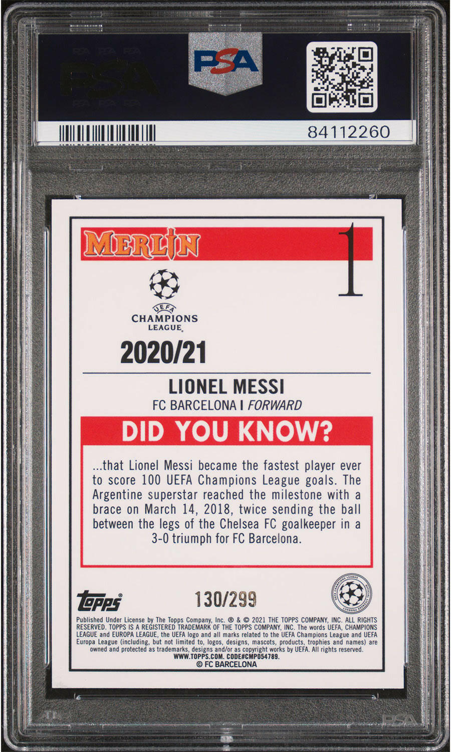 Lionel Messi - 2020 - Topps Merlin Chome UCL - #1 - Barcelona - PSA 10 - Purple Refractor - Numbered 130/299 - World Trading Cards - Football Card - Graded Trading Card